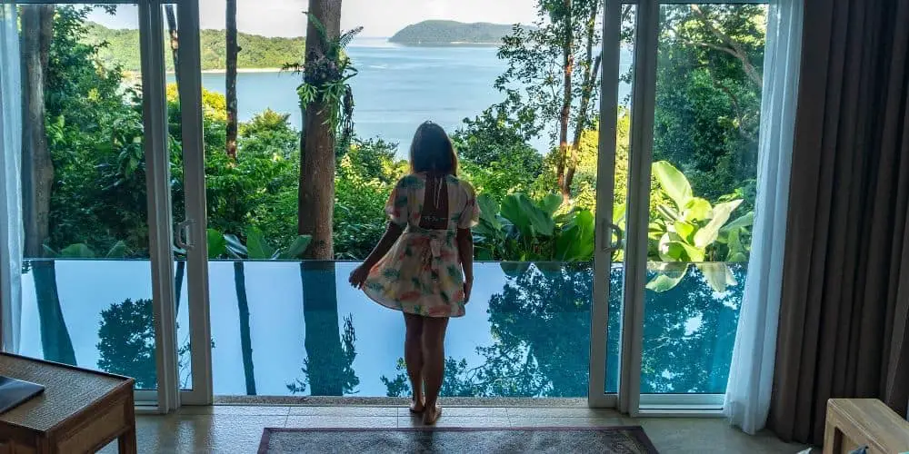 Marina looking at the views over our private pool villa in Langkawi